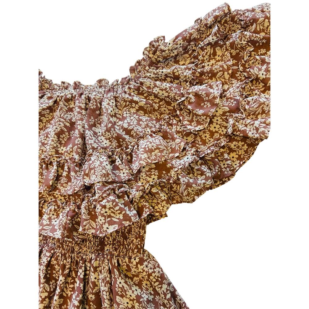 Hello Molly Floral Off Shoulder Mini Dress Ruffle Puff Sleeve Smocked XS Boho - Picture 5 of 9